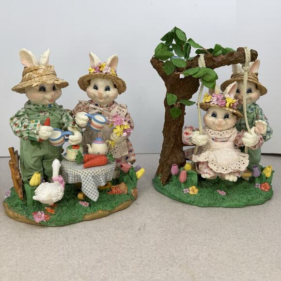 Vintage Fabric Mach's Resin Easter Bunnies Picnic Swinging Set - Picture 1 of 15